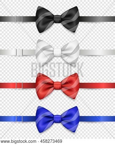 Vector 3d Realistic Black, White, Red, Blue Striped Bow Tie With Clasp Set Isolated. Silk Glossy Bow