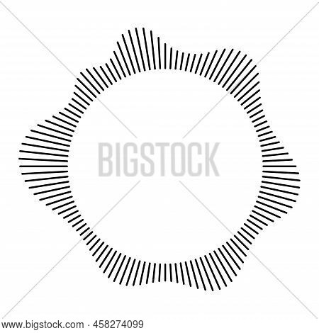 Circular Frame. Round Shape. Radial Black Concentric Particles. Ring Of Short Thin Rays With Wavy Si