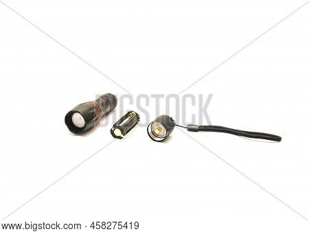 Breakout View Of Aluminum Alloy Flashlight With Light Bulb, Aaa Battery Holders, Lanyards Handle Iso