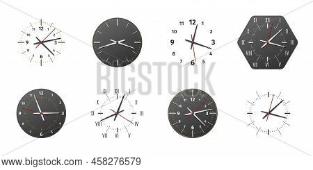 Clock Faces. Realistic Black Or White Watch Dials With Arrows And Numbers. Time Measurement. Mechani