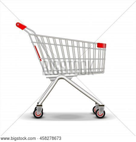 Metal Wire Small Shopping Cart For Mall. Empty Bag On Wheels To Carry Heavy Items, Purchasing. Reali