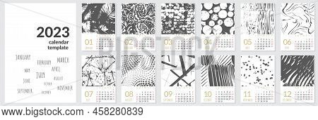 Vertical Wall Calendar Template For 2023 Year. Set Of 12 Months. Week Starts On Sunday. Planner In M