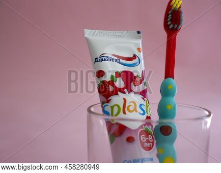 June 1, 2022 Ukraine City Kyiv Toothpaste For Children Aquafresh On A Colored Background