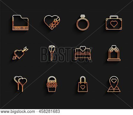 Set Line Balloons In Form Of Heart With Ribbon, Flowers Basket, Grand Piano, Shopping Bag, Map Point