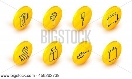 Set Line Cooking Pot, Frying Pan, Paper Package For Milk, Oven Glove, Toaster With Toasts, Spatula, 