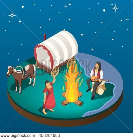 Gypsy Overnight Stay Composition With Gypsies Dancing Around Campfire Near Horse Harnessed To Wagon 