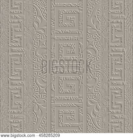 Greek Emboss 3d Seamless Pattern. Grunge Textured Floral Vector Background. Relief Tribal Ethnic Sur