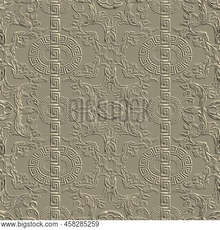 Baroque Embossed 3d Seamless Pattern. Vector Greek Textured Background. Vintage Emboss 3d Flowers, S
