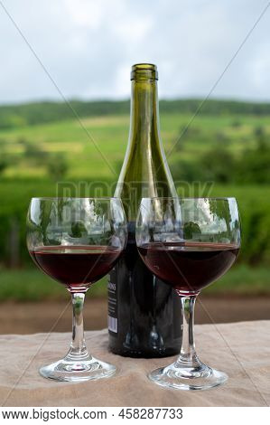Tasting Of Red Dry Pinot Noir Wine In Glass On Premier And Grand Cru Vineyards In Burgundy Wine Maki