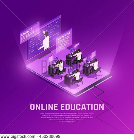 Online Education Glow Isometric Composition With View Of Hi Tech Anvironment With People Computers A