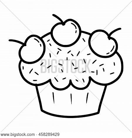 Cupcake With Cherries. Vector Doodle Illustration. Sketch.