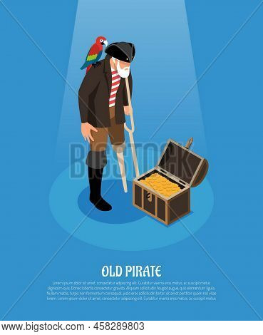 Old Pirate With Wooden Leg And Parrot Near Treasure Chest Isometric Composition On Blue Background V