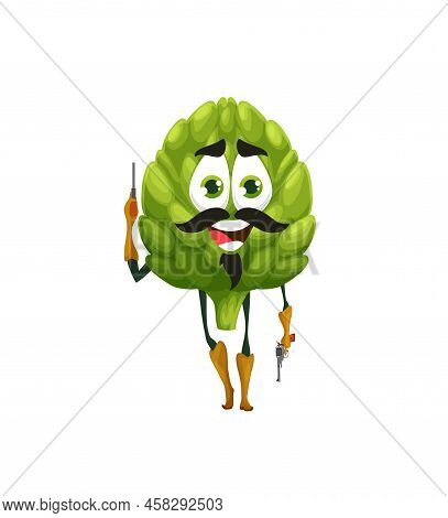 Cartoon Artichoke Cowboy Character, Funny Vector Artichaut Bandit, Robber Or Ranger Personage With G