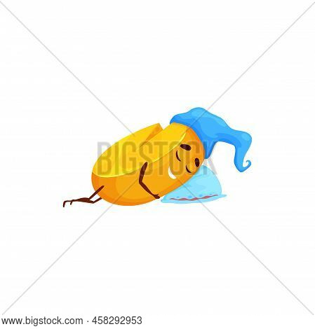 Sleeping Cartoon Circle Cheese Character. Cute Swiss Cheese Block, Maasdam Or Cheddar Cheese Funny V