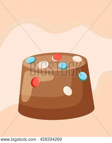 Sweets Store Sticker. Chocolate Cupcake With Colorful Dragee. Delicious Pastries. Card For Online Ca