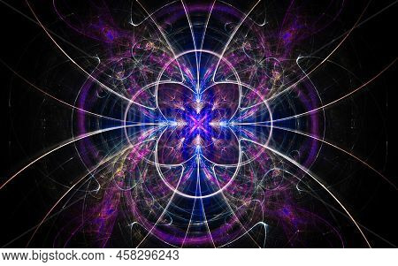 Abstract Illustration Of A Computer Generated Fantastic Flower Of Various Shapes And Shades On A Bla