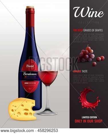 Wine Realistic Poster With Grapes Unique Taste And Cheese Symbols Vector Illustration