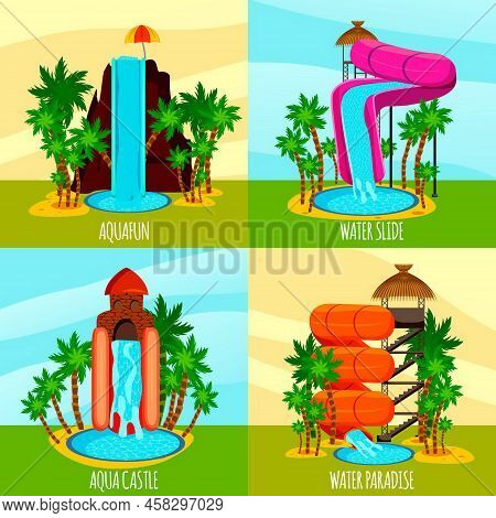 Aqua Park Flat Design Concept With Theme Water Slides Pools And Palm Trees Isolated Vector Illustrat