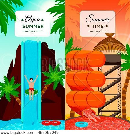 Aqua Park Flat Vertical Compositions With Entertaining Water Slides And Palm Trees Isolated Vector I