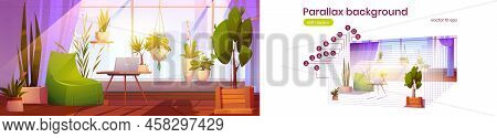 Parallax Background Workplace At Home Garden With Plants, Desk With Laptop And Cozy Armchair Interio