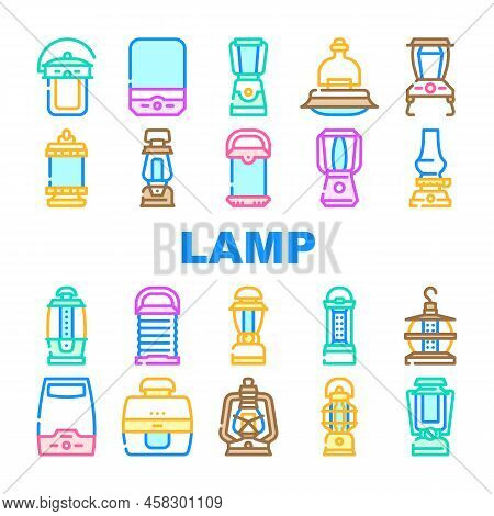 Camp Lamp Lighting Equipment Icons Set Vector. Vintage And Modern Electronic Camp Lamp Outdoor Devic
