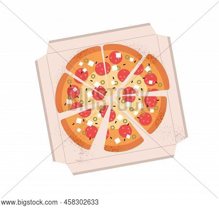 Pizza In Open Box With Cut Triangle Pieces, Slices. Take-away Italian Food. Takeaway Snack With Sala