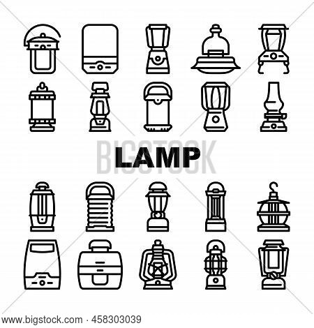 Camp Lamp Lighting Equipment Icons Set Vector. Vintage And Modern Electronic Camp Lamp Outdoor Devic