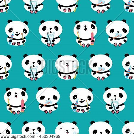Kawaii Panda Kids Dental Health Care Vector Educational Seamless Pattern Background. Cute Cartoon Be