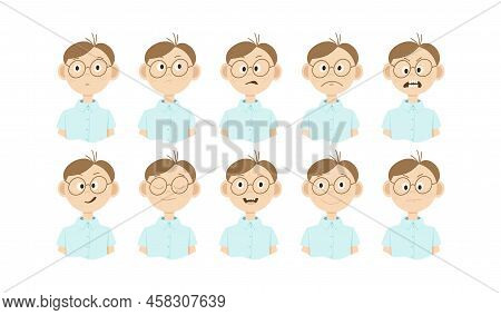 A Set Of Drawings Of A Cartoon Man In Glasses With Different Emotions On His Face.