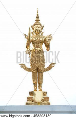 A Golden Graven Image Standing With A Sword And Rowel In His Hand. Jada's Multiple Layers Are Placed