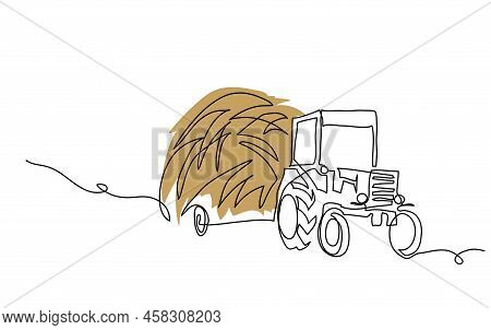 Tractor With Hay Stack, Haycock, Straw, Thatch. Vector Background, Banner, Poster. One Continuous Li