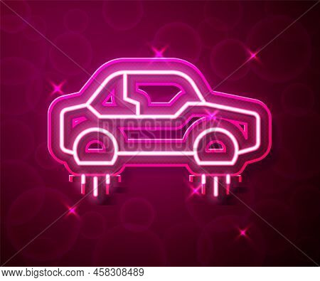 Glowing Neon Line Fantastic Flying Car Icon Isolated On Red Background. Hover Car Future Technology 