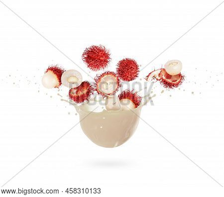 Whole And Crushed Rambutan Fruits With Splashes Of Fresh Juice On A White Background