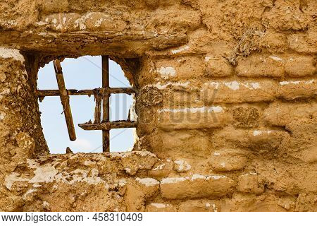 Old Clay House Detail, Bars In Window. El Chorrillo Film Location, Sierra Alhamilla In Andalucia Spa