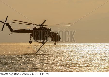 Loutraki, Greece 14 September 2019. Fire Helicopter At Loutraki In Greece For The Big Fire Gathering