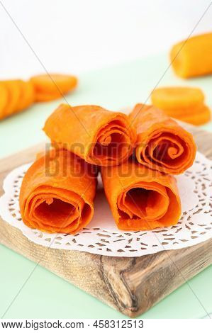 Handmade Yellow Pastila Made Of Carrot And Apple. Natural Sweet Dehydrated Candy For Vegetarian Dess