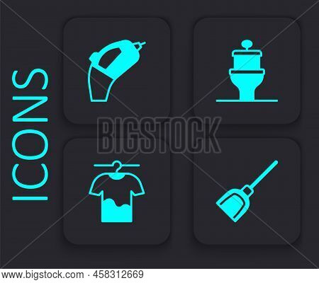 Set Dustpan, Portable Vacuum Cleaner, Toilet Bowl And Drying Clothes Icon. Black Square Button. Vect