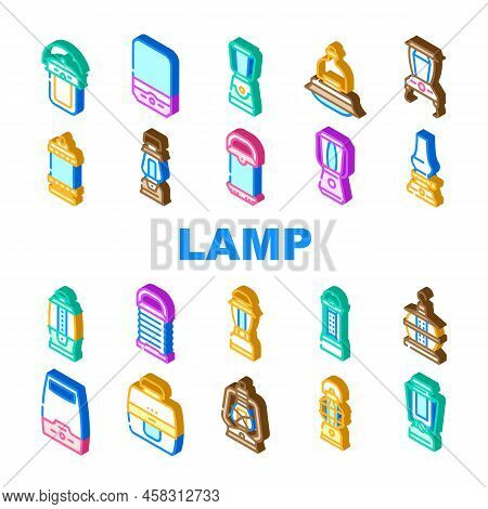 Camp Lamp Lighting Equipment Icons Set Vector. Vintage And Modern Electronic Camp Lamp Outdoor Devic