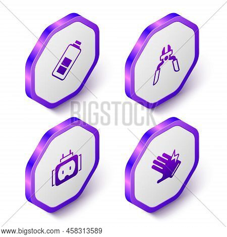 Set Isometric Battery Charge, Pliers Tool, Tee Plug Electric And Electric Glove Icon. Purple Hexagon