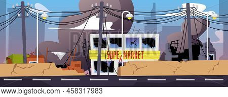 Ruined Destroyed Post-apocalyptic City Background, Flat Vector Illustration.