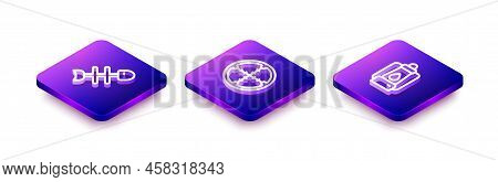 Set Isometric Line Dead Fish, Sniper Optical Sight And Camping Lantern Icon. Vector