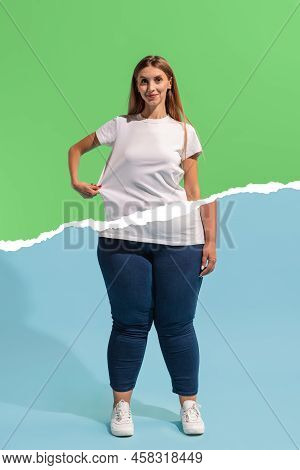 Creative Art Collage With Young Slim Girl And Plus-size Woman Wearing Sport Uniform Isolated On Blue
