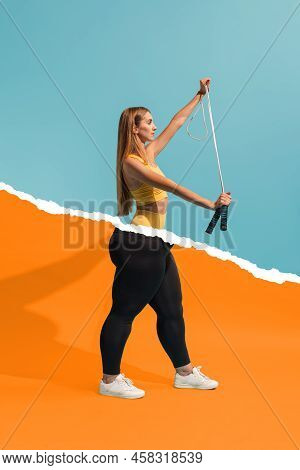 Collage With Beautiful Thin Girl With Body Of Plus-size Woman Isolated On Colorful Background. Weigh