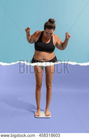 Young Plus-size Woman With Body, Legs Og Slim Girl In Weight Loss Process Isolated On Blue-purple Ba
