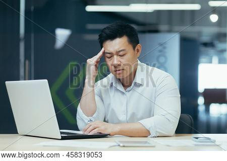 Depressed Businessman, Boss Working In Modern Office, Thinking Asian Businessman Sad, Thinking About