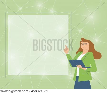 Illustration Of A Businesswoman Standing Holding Her Laptop Presenting New Amazing Ideas. Lady In Fo
