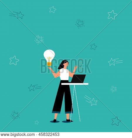 Illustration Of Girl Using Laptop Having New Amazing Ideas And Making Checklist. Lady Drawing Workin