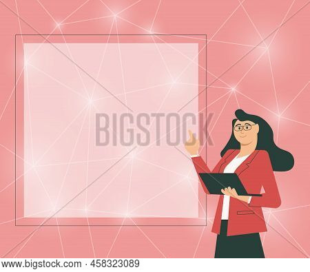 Illustration Of A Businesswoman Standing Holding Her Laptop Presenting New Amazing Ideas. Lady In Fo