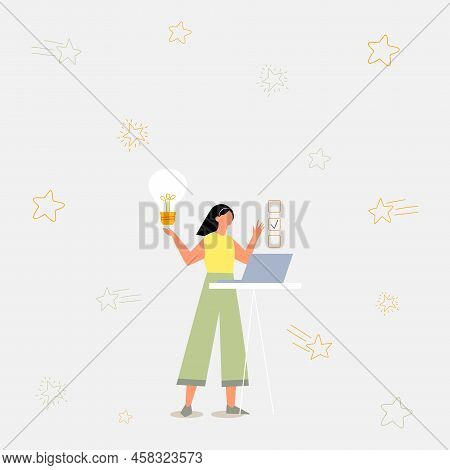Illustration Of Girl Using Laptop Having New Amazing Ideas And Making Checklist. Lady Drawing Workin