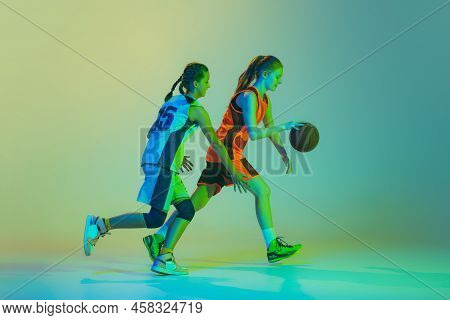 Streetball. Female Basketball Players, Young Girls, Teen In Action With Basketball Ball Isolated On 